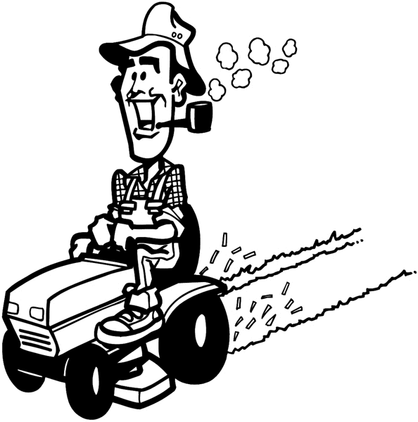 Man on riding lawn mower vinyl decal. Customize on line. Gardening 045-0136